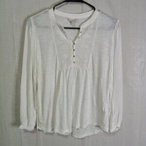 Lucky Brand Boho Lace Detailed Top White Long Sleeve Cotton Blend Crew Neck Sz S